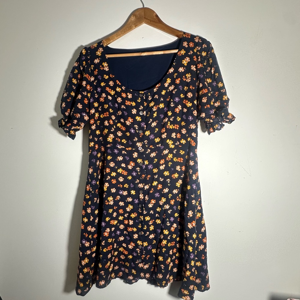 Madewell Smock-Sleeve Button-Front Mini Dress in the Happy Hibiscus print.